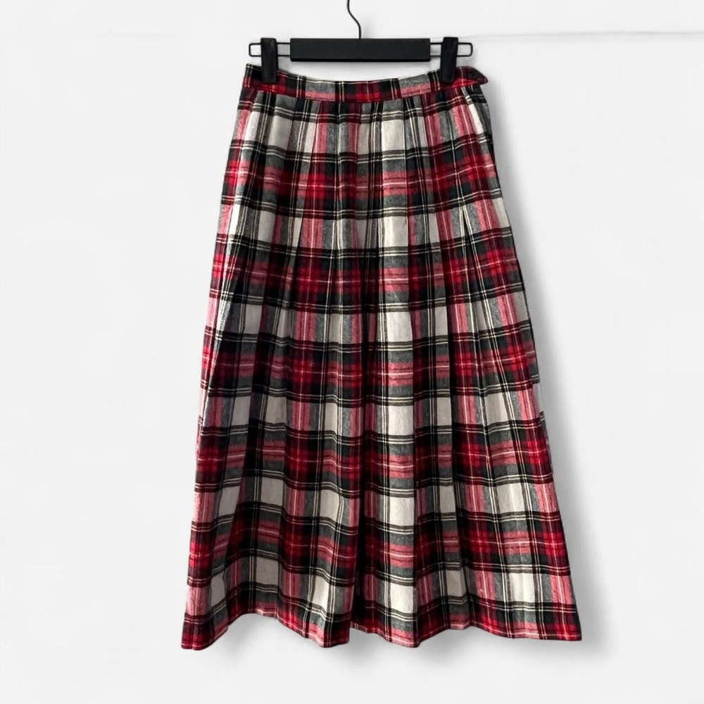 Vintage Michele Wool Plaid Skirt Size 6 Red GreenTartan Pleated Midi Academia